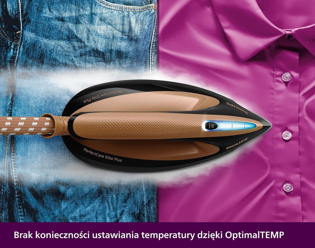 Philips PerfectCare Elite Plus Żelazko z generatorem pary, Podeszwa Żelazna T-Ionicglide, 2700 W, 1,8 L, Ciśnienie do 8 barów, Technologia OptimalTemp, Tryb ECO, Czarny-Miedziany (GC9682/80)