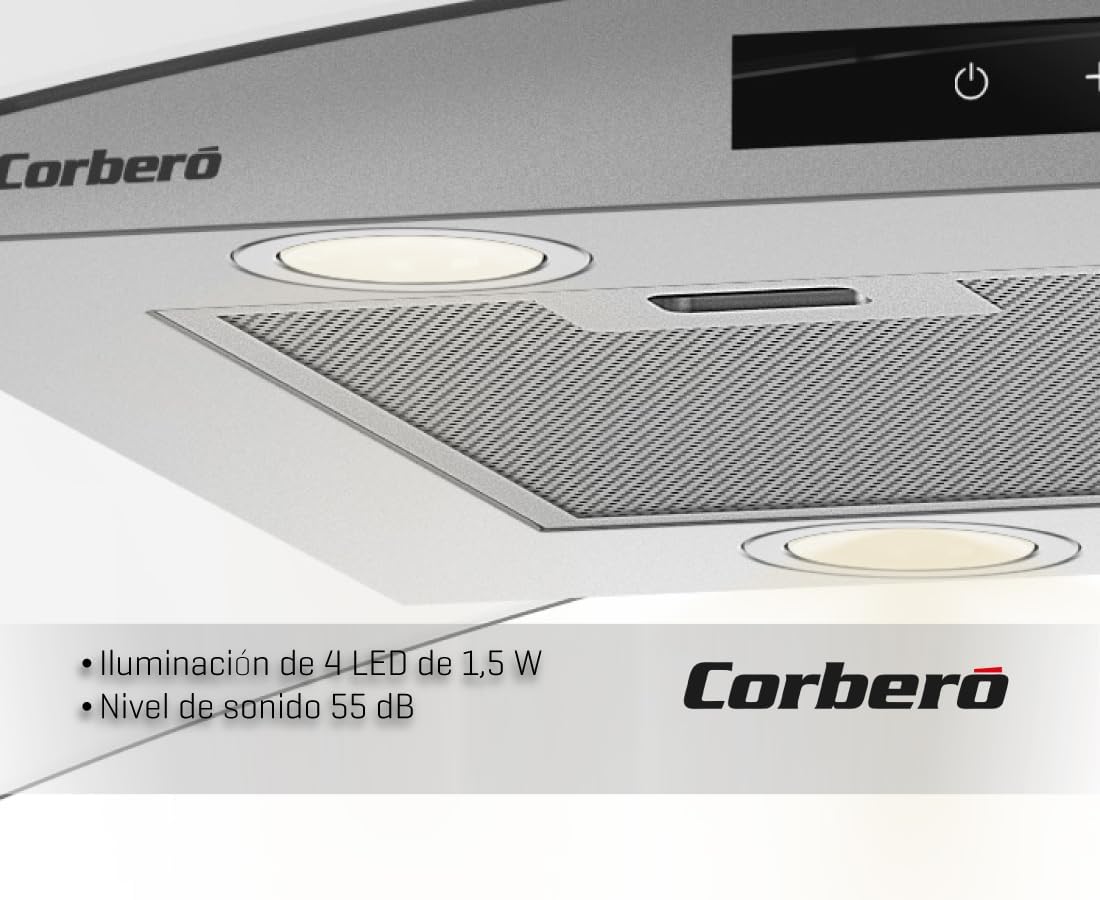 Corberó – Okap Wyspowy 90 cm | SIROS9100 | Wydajność 946m³/h | 66db | 296W | 6 Prędkości | Sterowanie Dotykowe | 2 Filtry Aluminiowe + Filtr Węglowy | Inox