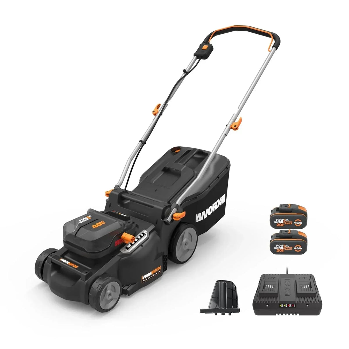 Kosiarka WORX WG737E Nitro z akumulatorem 40 V (2 x 20 V), mocny silnik bezszczotkowy, szerokość koszenia 37 cm, 6-stopniowa regulacja wysokości koszenia (20–70 mm), kosz na trawę 40 l