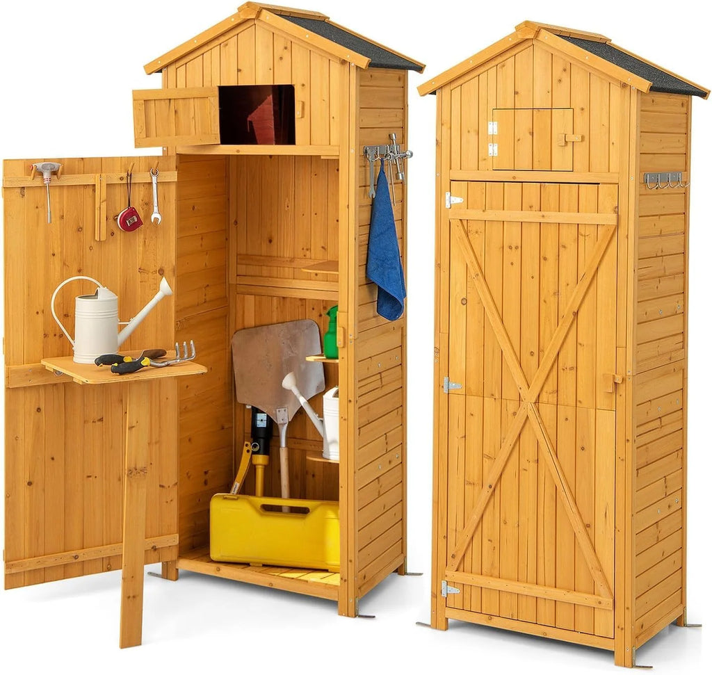 RELAX4LIFE Szopa Ogrodowa z Dwuspadowym Dachem Asfaltowym, Szafka Ogrodowa z 8 Haczykami, 3 Wyjmowanymi Półkami i Składanym Stołem Roboczym na Narzędzia Ogrodowe