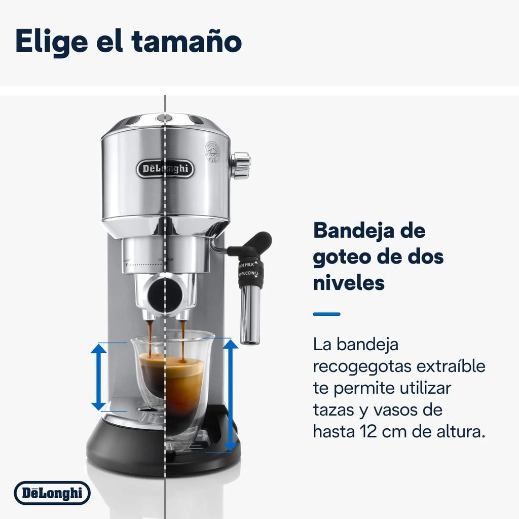 De'Longhi Dedica – Ekspres Kolbowy do Kawy Mielonej lub w Saszetkach, Espresso i Cappuccino, Zbiornik 1.3 Litra, System Anti-Drip, Model EC685.M, Kolor Metaliczny