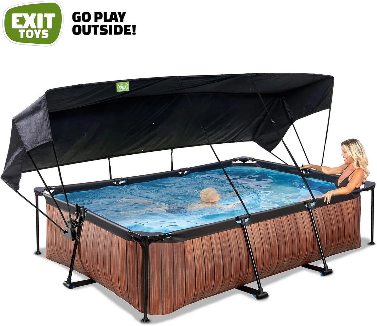 EXIT Toys Basen Drewniany z Daszkiem Słonecznym - 300x200x65cm - Kompaktowy Basen Prostokątny ze Stelażem z Pompą Filtracyjną Kartuszową - Optymalna Ochrona UV - Łatwy Dostęp - Unikalny Design - Brązowy
