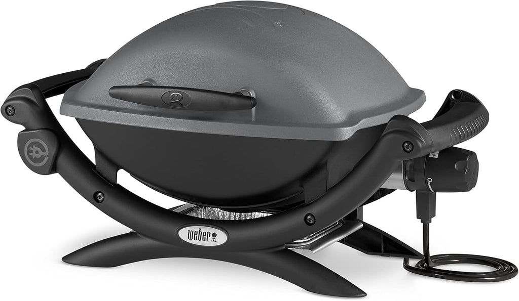 Weber Q1400 Elektryczny Grill, powierzchnia grillowania 43 x 32 cm, przenośny BBQ Grill,2-częściowy żeliwny ruszt pokryty emalią porcelanową, pokrywa i obudowa aluminiowa - Ciemnoszary (52020079)