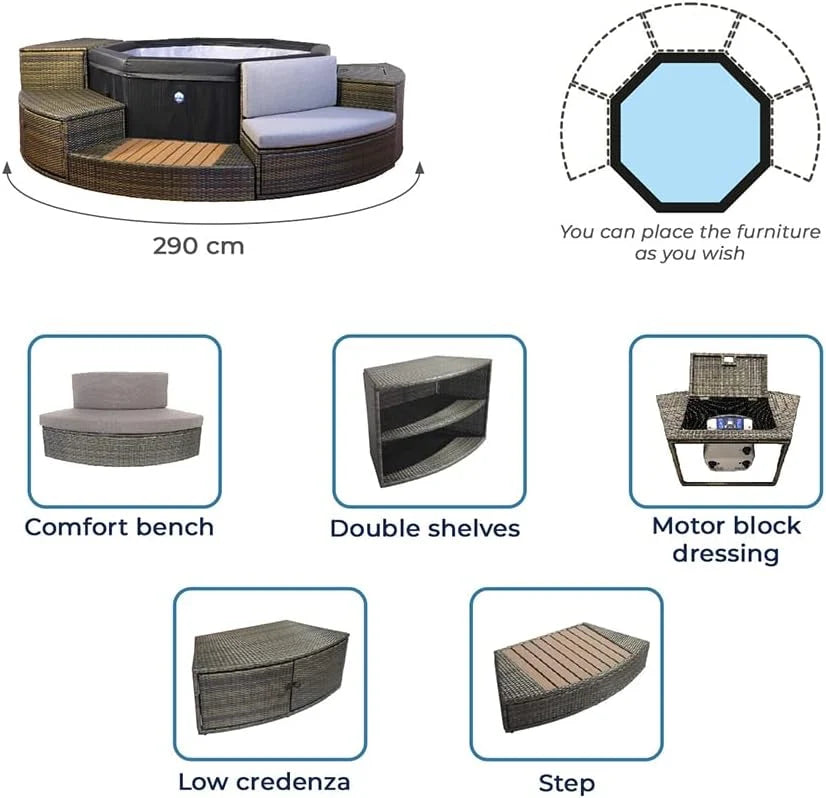 NETSPA Octopus 165 Półsztywna szafka do SPA - 5 Modułów z Podwójną Półką, Pokrywą Silnika, Stopniem, Ławką i Dolną Półką - PVC i Kompozyt Drewniany - Czarny - SP-MOB165C-M5