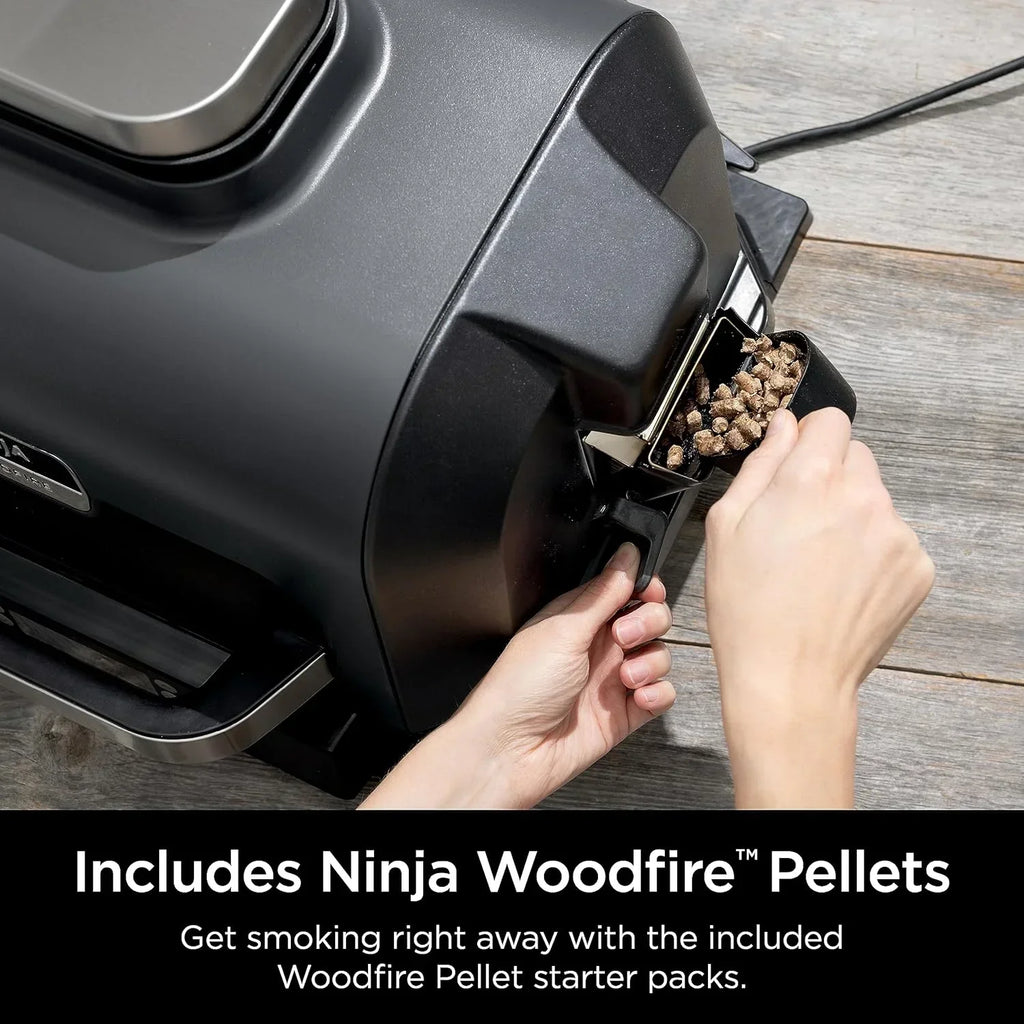 Ninja Woodfire Pro XL 4 w 1, grill i wędzarnia ogrodowa, termometr, główny grill 4 w 1, grill wędzarniczy, zewnętrzna frytkownica powietrzna, piekarnik, przenośny, grill elektryczny, ciemnoszary, model OG850