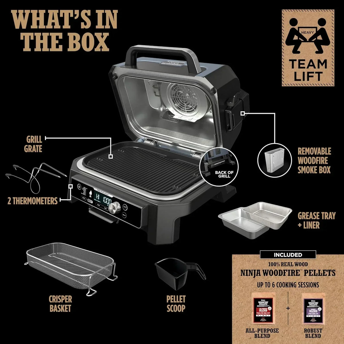 Ninja Woodfire Pro XL 4 w 1, grill i wędzarnia ogrodowa, termometr, główny grill 4 w 1, grill wędzarniczy, zewnętrzna frytkownica powietrzna, piekarnik, przenośny, grill elektryczny, ciemnoszary, model OG850
