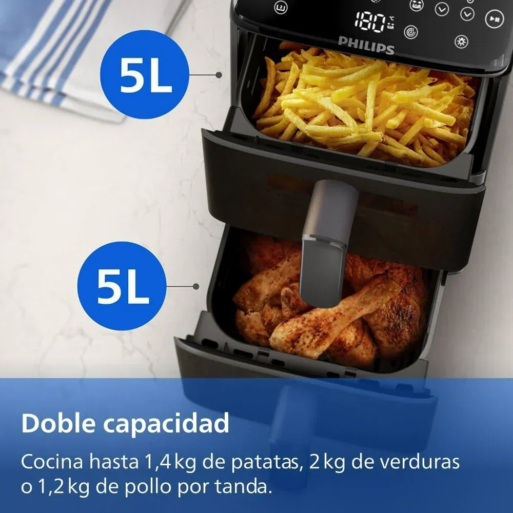 Philips Airfryer seria 4000 Podwójny pionowy kosz 10 l – Technologia RapidAir, synchronizacja, 2 kosze jednocześnie, 45% mniej miejsca, powłoka ceramiczna bez PFAS, okienka podglądu (NA460/00)