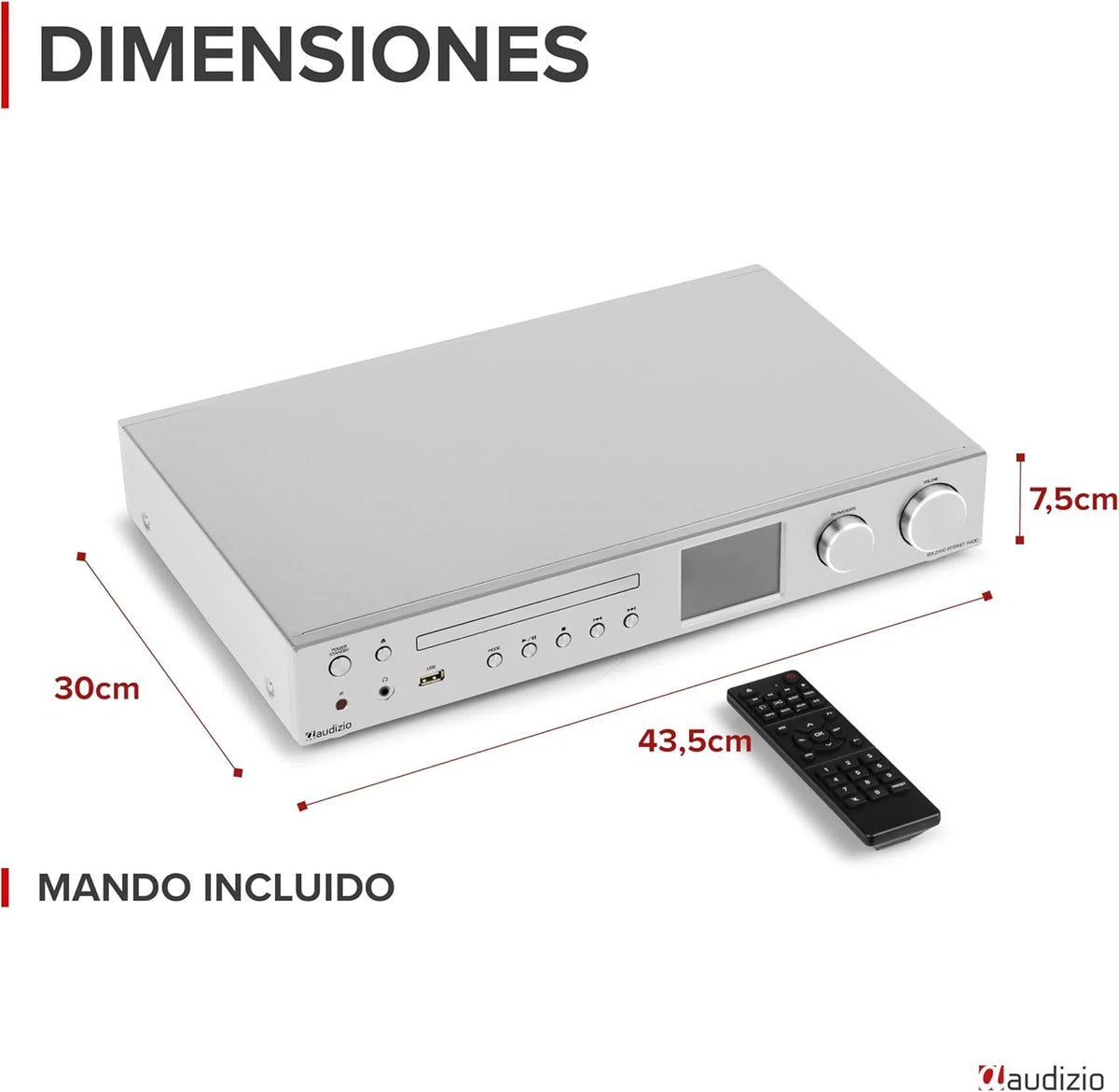 Audizio Bolzano - Radio internetowa DAB+ i FM WLAN Bluetooth, odtwarzacz CD, Spotify Connect, budzik, 40 000 stacji, pilot i sterowanie za pomocą aplikacji, złącze Toslink i subwoofer, srebrna
