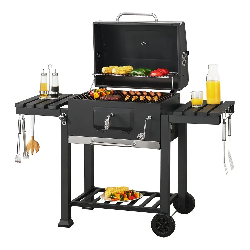 Grill węglowy Arnad z 2 półkami Stal 105x135x48cm - Czarny [casa.pro]