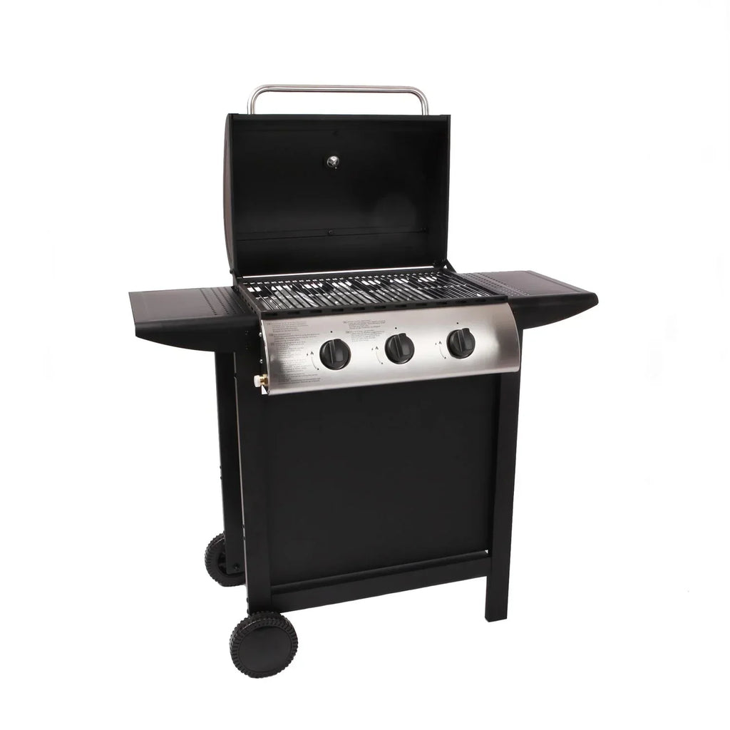 Lofoten - Grill gazowy ogrodowy 3 palniki 8,4 kW na kółkach z pokrywą, 2 ruszty ze stali chromowanej, 2 półki boczne, 1 dolna taca i termometr - czarny