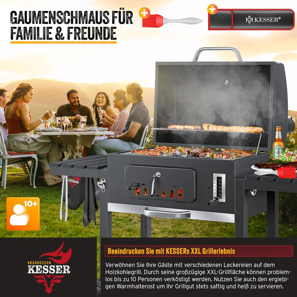 KESSER® Grill węglowy z wózkiem, grillem z pokrywką, kółkami, uchwytem ze stali nierdzewnej | Duży grill węglowy z termometrem BBQ, na kemping, taras, do ogrodu XXL Szary