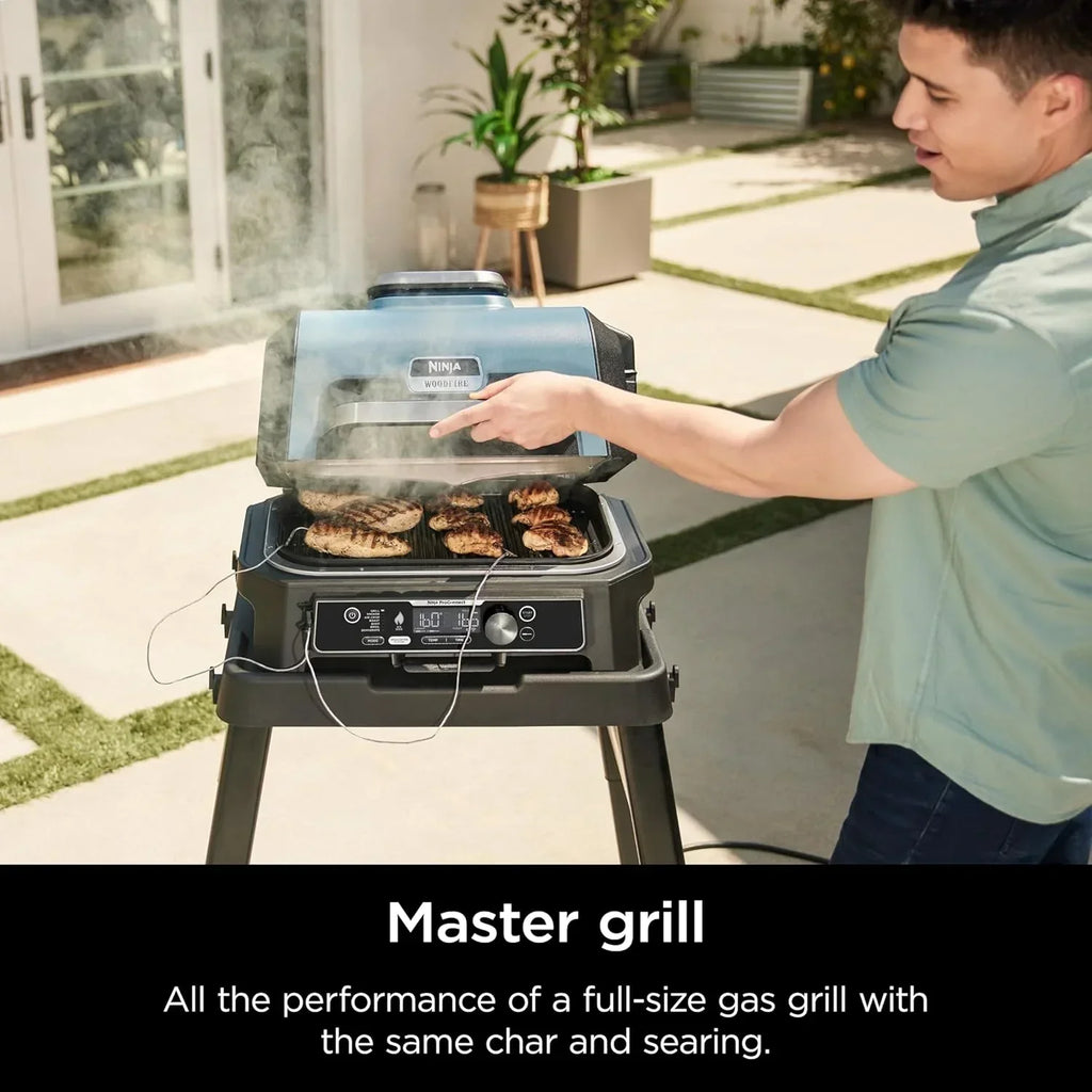 Ninja Woodfire Pro XL 4 w 1, grill i wędzarnia ogrodowa, termometr, główny grill 4 w 1, grill wędzarniczy, zewnętrzna frytkownica powietrzna, piekarnik, przenośny, grill elektryczny, ciemnoszary, model OG850