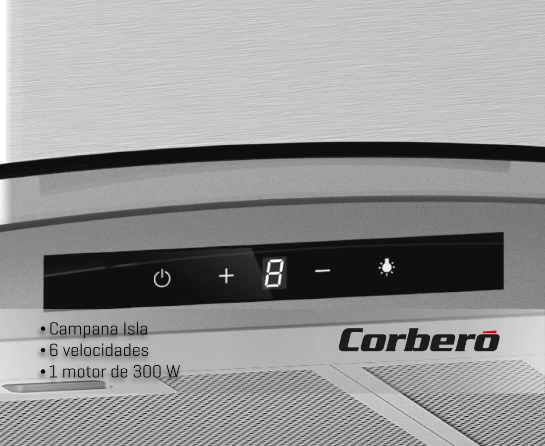 Corberó – Okap Wyspowy 90 cm | SIROS9100 | Wydajność 946m³/h | 66db | 296W | 6 Prędkości | Sterowanie Dotykowe | 2 Filtry Aluminiowe + Filtr Węglowy | Inox