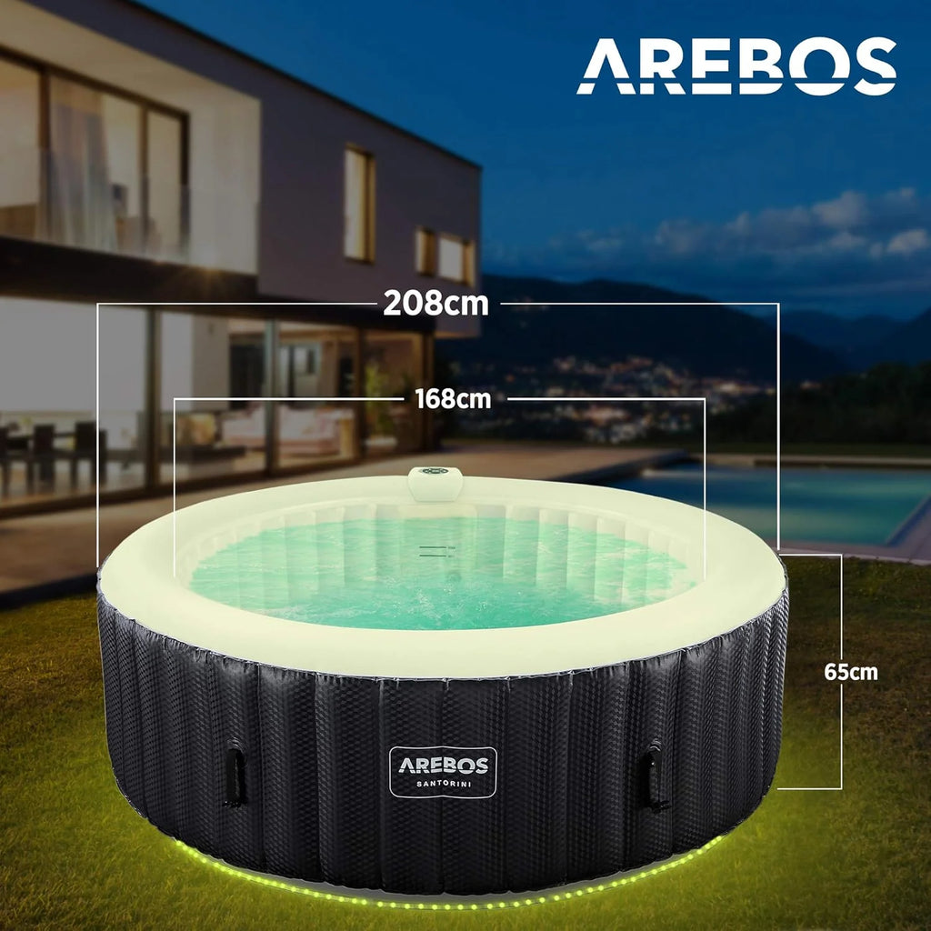 Arebos Nadmuchiwane SPA | Automatyczne pompowanie | Do użytku wewnątrz i na zewnątrz | Ø 208 cm | 6 osób | Taśma świetlna LED | 130 dysz masujących | 1000 L | Pokrywa w zestawie | Bubble SPA i masaż wellness