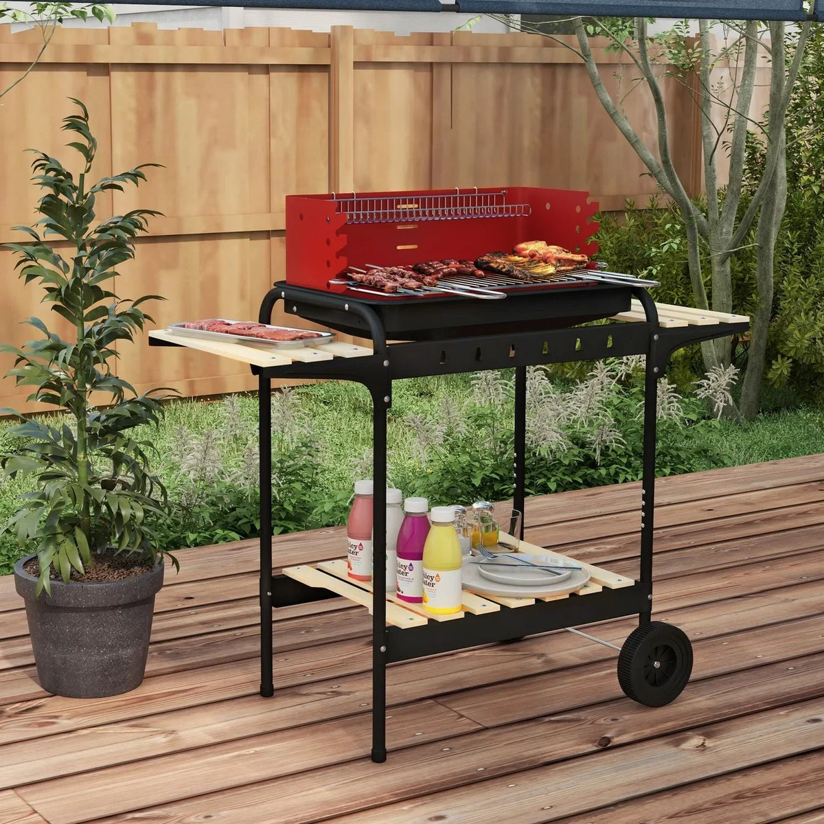 Grill Węglowy Outsunny Metal Sosna, 103x47x95 Cm, Czerwono-Czarny