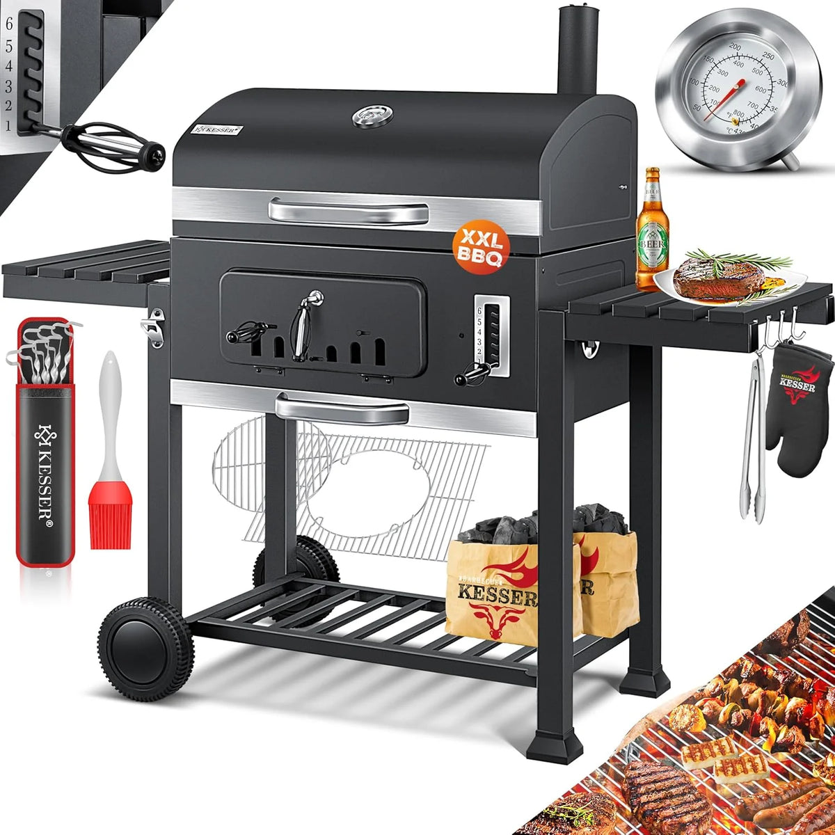 KESSER® Grill węglowy z wózkiem, grillem z pokrywką, kółkami, uchwytem ze stali nierdzewnej | Duży grill węglowy z termometrem BBQ, na kemping, taras, do ogrodu XXL Szary