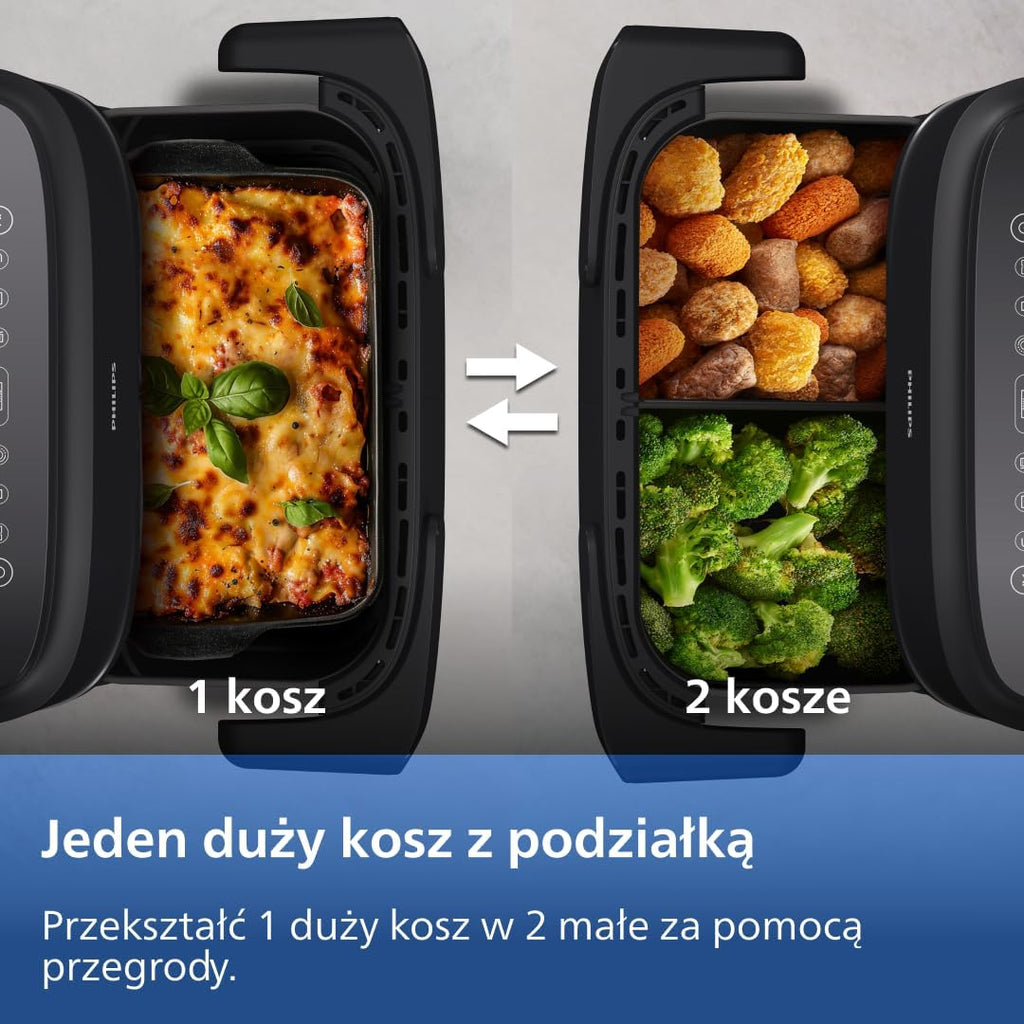 Philips Ovi Dual Basket z parą - Wyjątkowe funkcje gotowania Steamfry, Gotowania na parze, Airfry - 19 sposobów gotowania; pojemność 9L (3L + 6L), RapidAir Plus, automatyczne SteamClean (NA550/00)