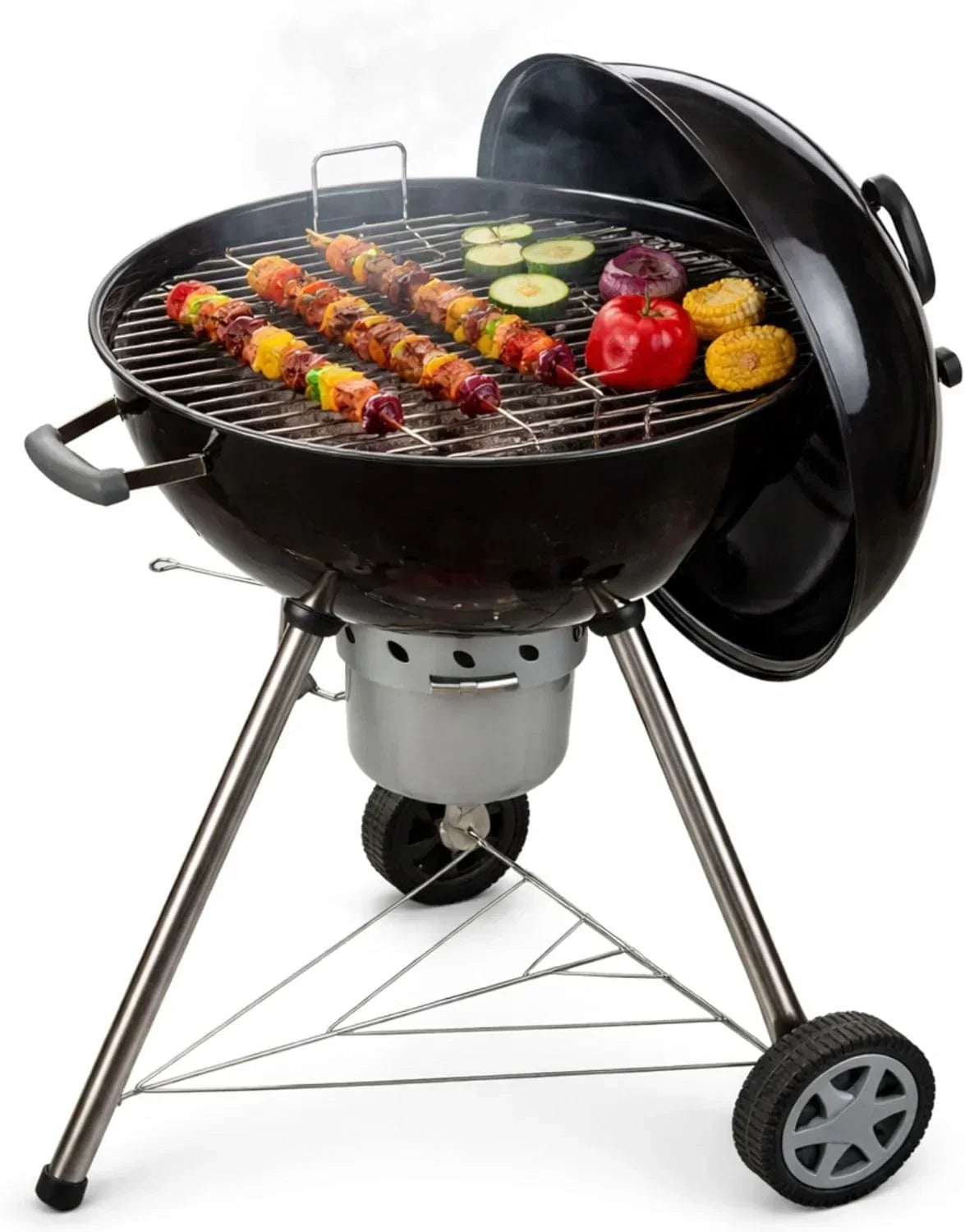 Amig - Grill węglowy Fireplus Charcoal BBQ XXL - Ruszt stalowy 57x42cm - Z kółkami i bocznymi półkami - Duży, przenośny rożen - Pojemnik na popiół - 131x116,5x56cm
