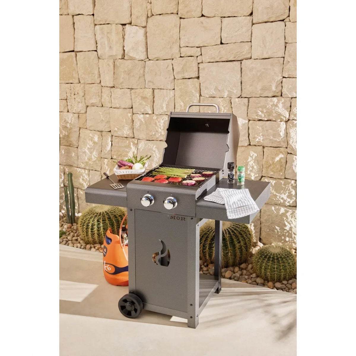 Grill dwupalnikowy stalowy gazowy (butan/propan) na kamienie lawy Pereda