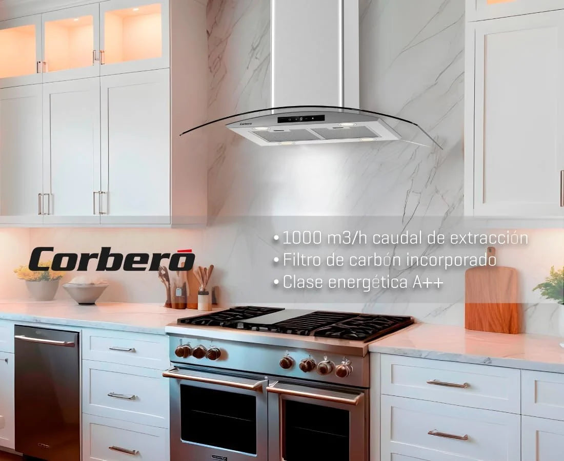 Corberó – Okap Wyspowy 90 cm | SIROS9100 | Wydajność 946m³/h | 66db | 296W | 6 Prędkości | Sterowanie Dotykowe | 2 Filtry Aluminiowe + Filtr Węglowy | Inox