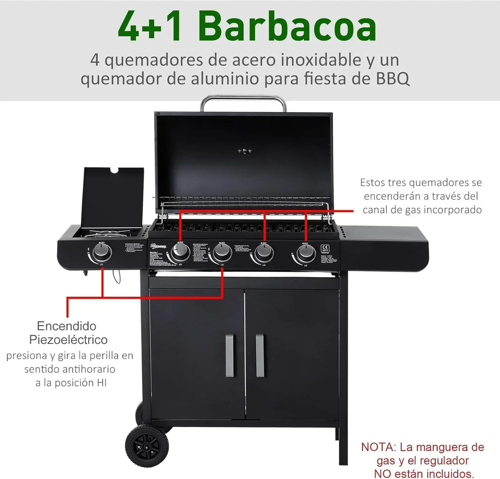 Outsunny grill gazowy z 4+1 palnikami 14,4 kW, stolikami bocznymi, szafką do przechowywania, termometrem i 2 kółkami, grill ze stali nierdzewnej 125 x 51 x 100 cm, czarny