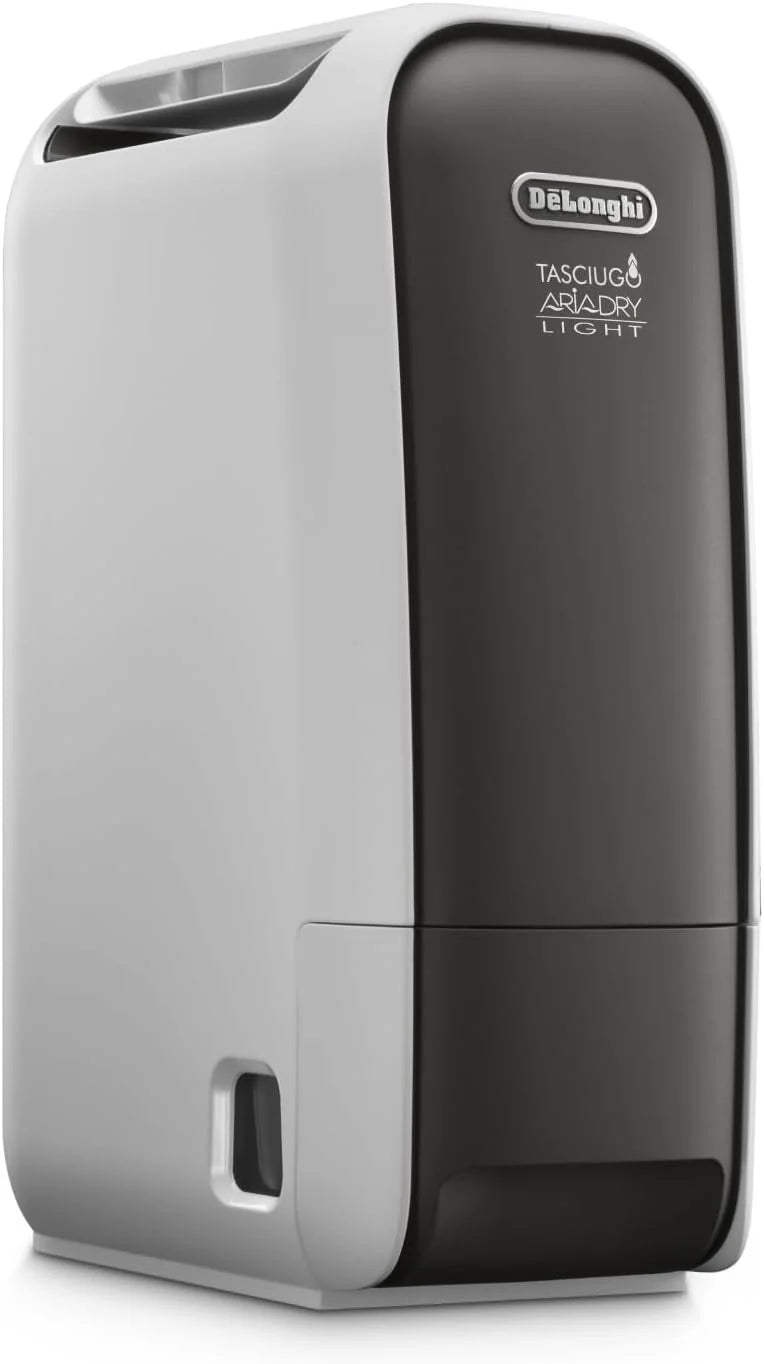 De'Longhi Tasciugo AriaDry Light - Przenośny osuszacz powietrza z technologią Zeolite i jonizatorem, usuwa do 6 l/dzień, suszy ubrania, zapobiega pleśni, cichy, funkcja swing i timer, szary (DNS65)