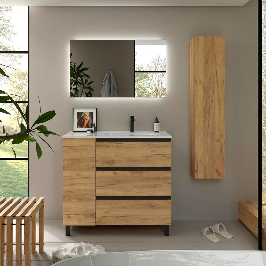 Szafka łazienkowa BEQUIA Plus Metal 3C 90cm Dąb | Umywalka ceramiczna, Bateria po prawej