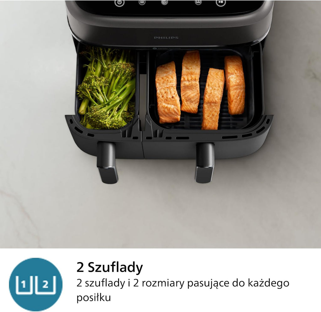 Philips Ovi Dual Basket z parą - Wyjątkowe funkcje gotowania Steamfry, Gotowania na parze, Airfry - 19 sposobów gotowania; pojemność 9L (3L + 6L), RapidAir Plus, automatyczne SteamClean (NA550/00)