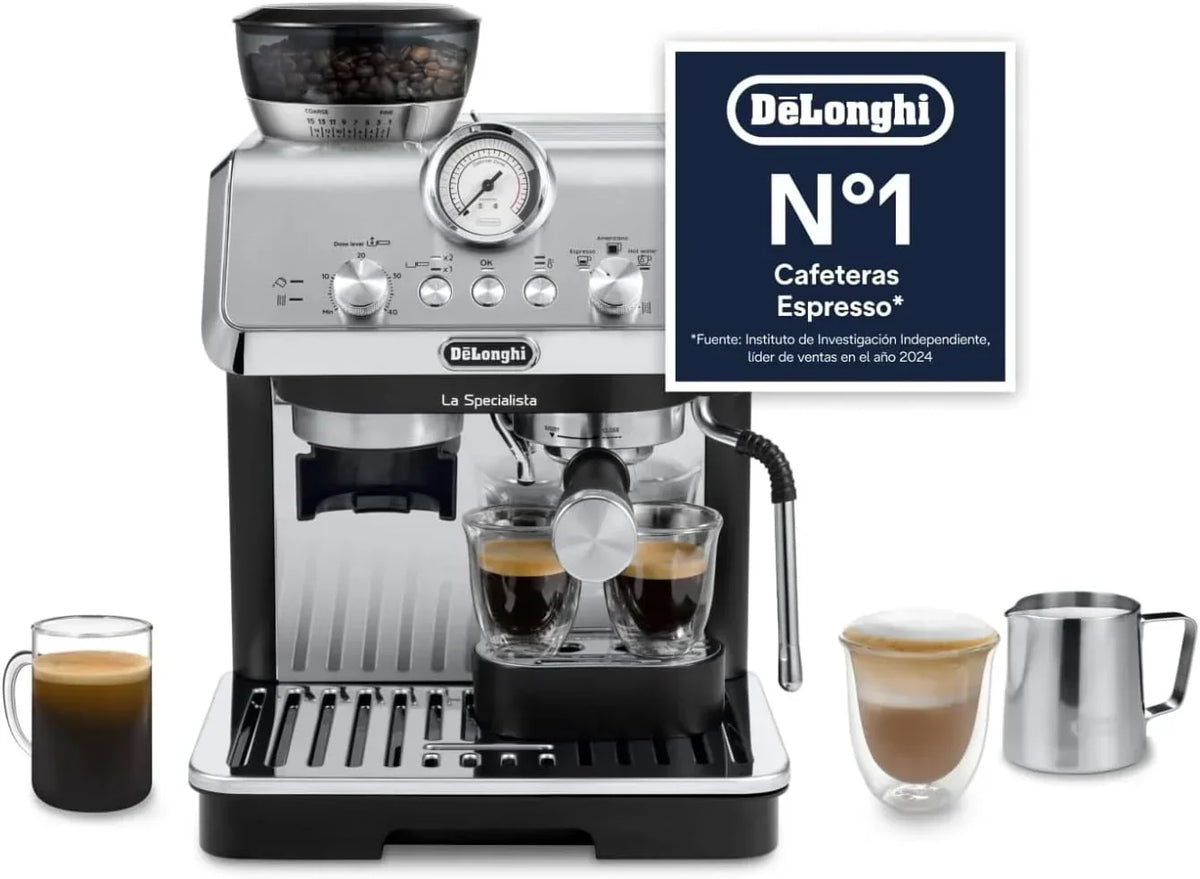 De'Longhi Perfetto La Specialista Arte, ekspres kolbowy do kawy espresso i cappuccino, ze zintegrowanym młynkiem, 3 predefiniowane receptury, 8 ustawień mielenia, EC9155.MB, metal/czarny