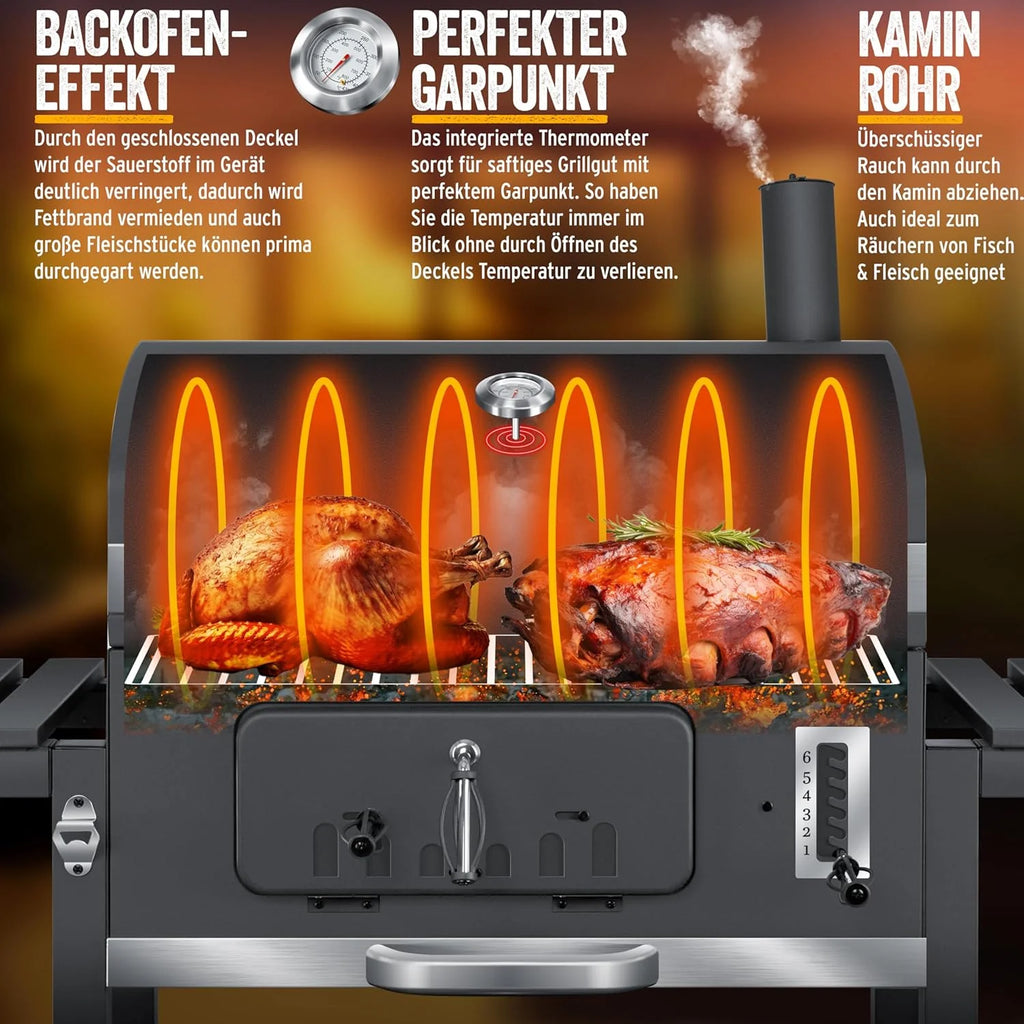 KESSER® Grill węglowy z wózkiem, grillem z pokrywką, kółkami, uchwytem ze stali nierdzewnej | Duży grill węglowy z termometrem BBQ, na kemping, taras, do ogrodu XXL Szary