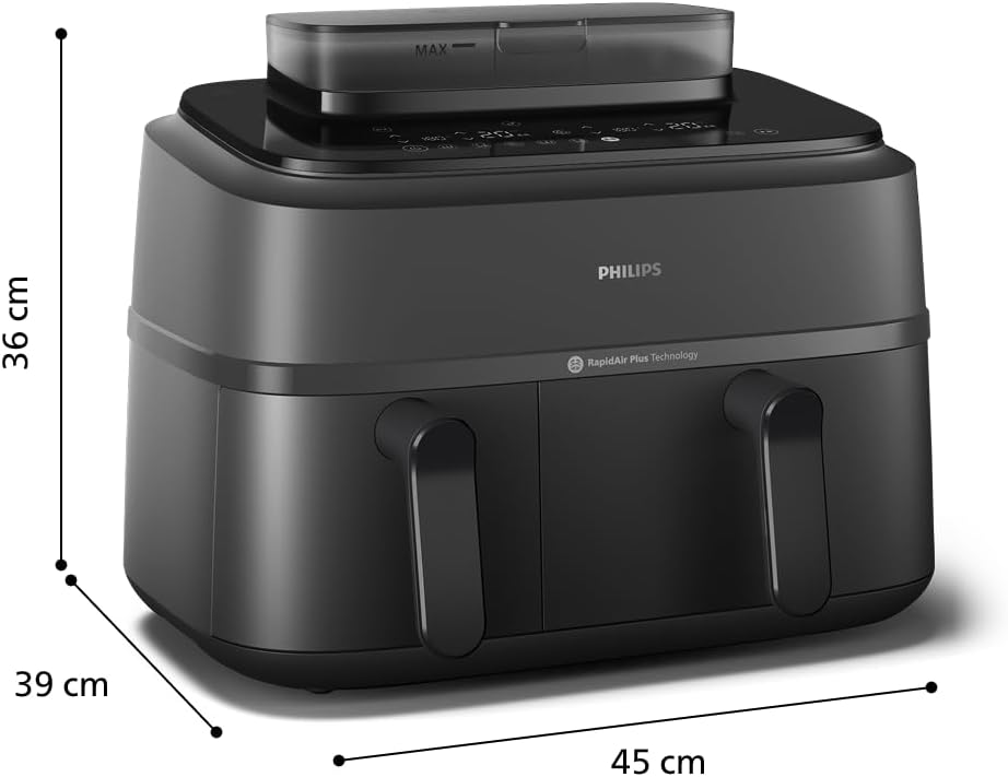 Philips Ovi Dual Basket z parą - Wyjątkowe funkcje gotowania Steamfry, Gotowania na parze, Airfry - 19 sposobów gotowania; pojemność 9L (3L + 6L), RapidAir Plus, automatyczne SteamClean (NA550/00)