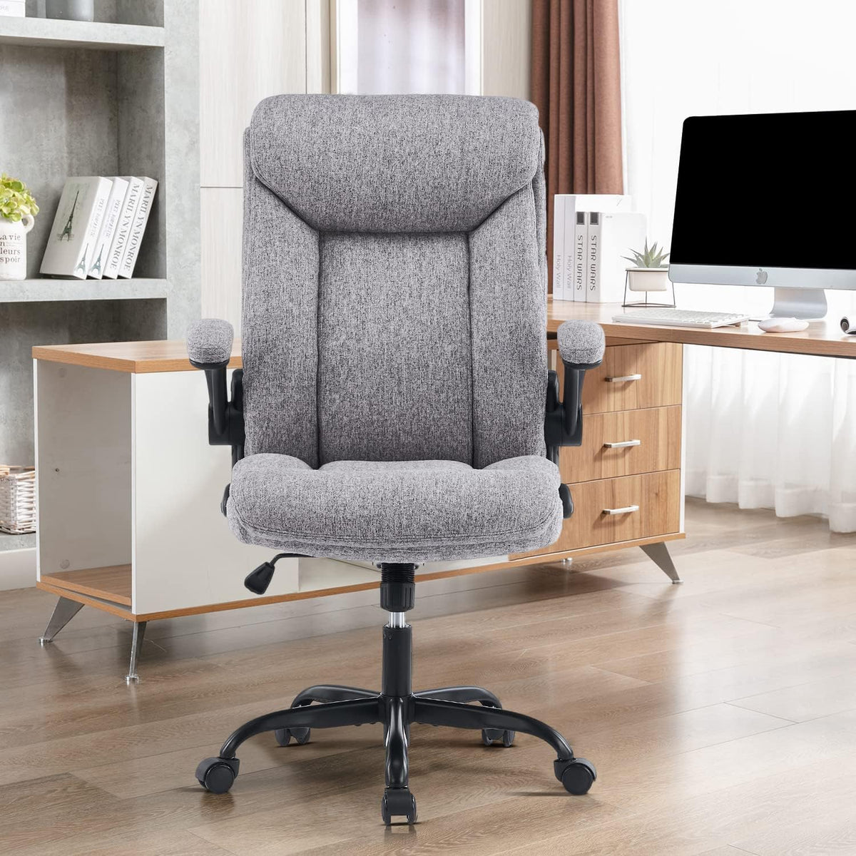 Ergonomiczne krzesło biurowe, krzesło do komputera, obrotowe krzesło robocze ze składanym podłokietnikami, regulacja wysokości, wygodne, do biura, domu, gier (szary materiał) (Czarny)