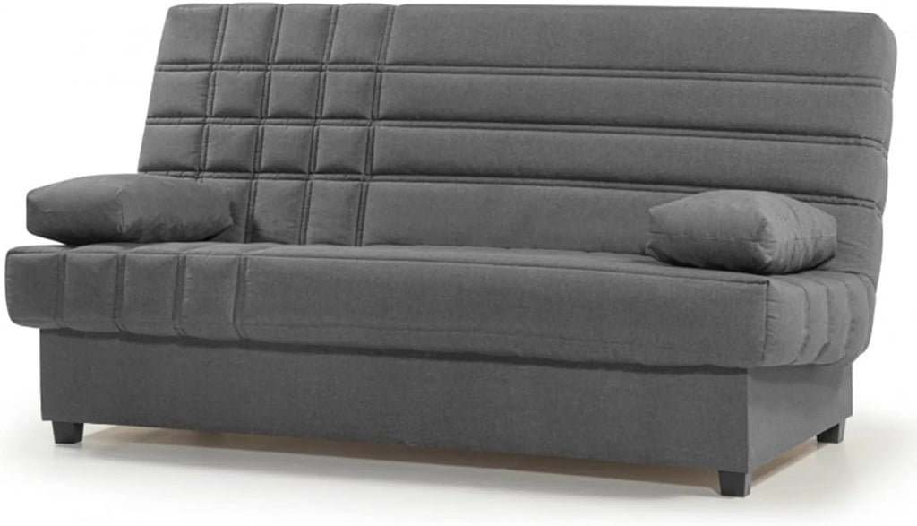 SHIITO - Sofa rozkładana 3-osobowa z pojemnikiem na pościel - 100 x 193 x 100 cm - Model Romeo - z mechanizmem klik-klak - W zestawie 2 poduszki - Kolor ciemnoszary