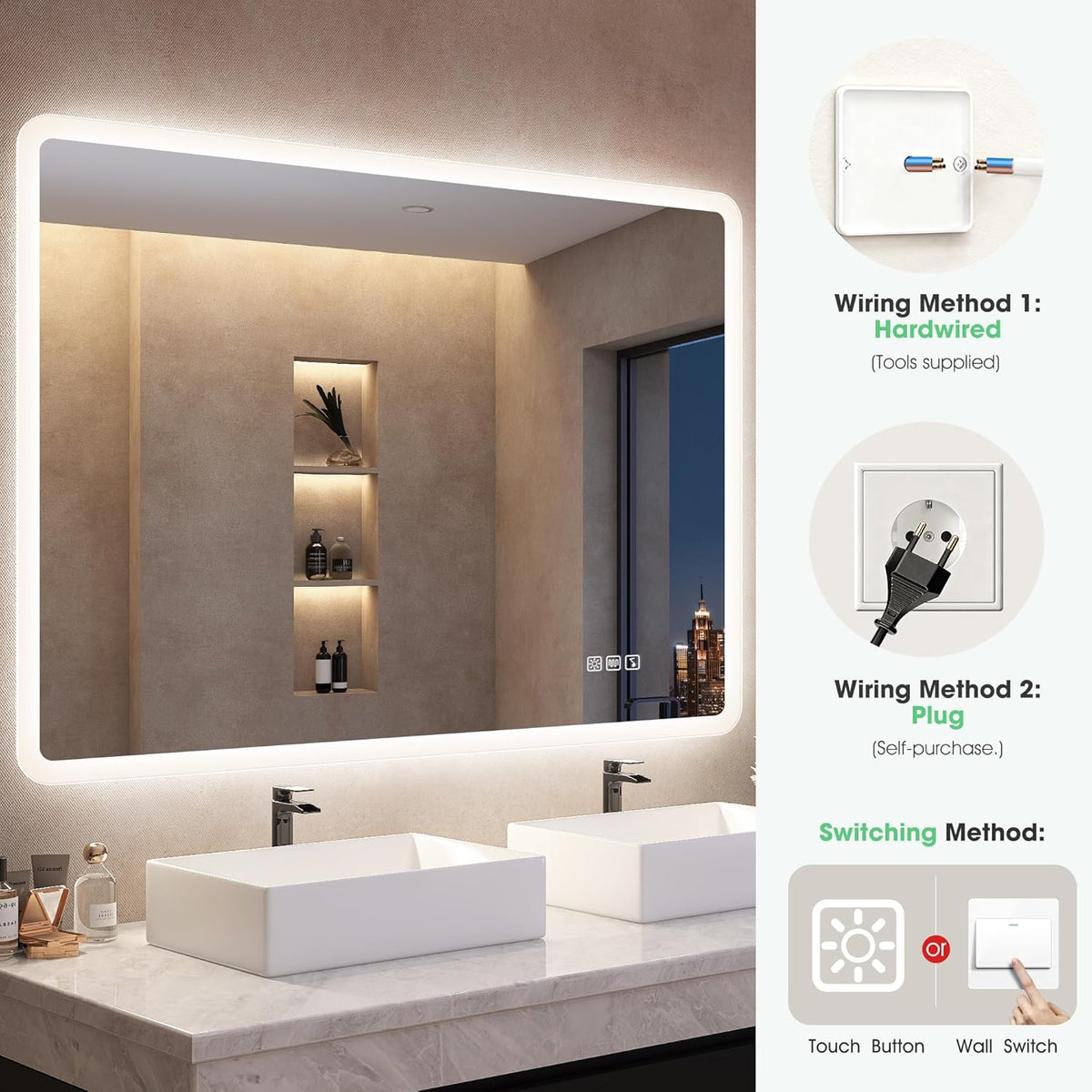 S'bagno Lustro łazienkowe z podświetleniem 100x70cm, Lustro łazienkowe LED Bluetooth, Antypara, 3 kolory, Możliwość ściemniania, Pamięć, Szkło hartowane HD, Wodoodporne IP44, Pionowo/Poziomo