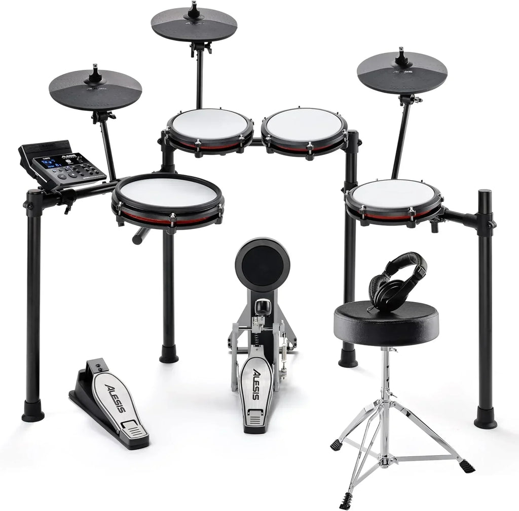 Alesis Nitro Max Kit - Kompaktowy elektroniczny zestaw perkusyjny z cichymi naciągami siatkowymi, dwustrefowym padem werbla 10", Bluetooth, +440 brzmień BFD, Drumeo, USB MIDI, pedałem stopy