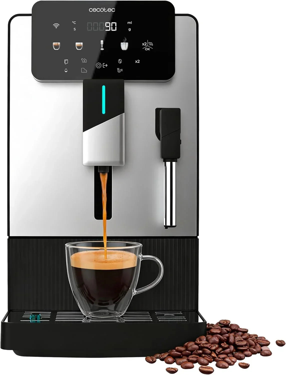 Ekspres automatyczny Cecotec Cremmaet Latte Touch, 19 barów, system Thermoblock, 12 rodzajów napojów, 4 profile użytkownika, zbiornik na wodę 1,1 l i na mleko 400 ml, ekran TFT, stożkowy młynek, automatyczne czyszczenie, regulowana wysokość