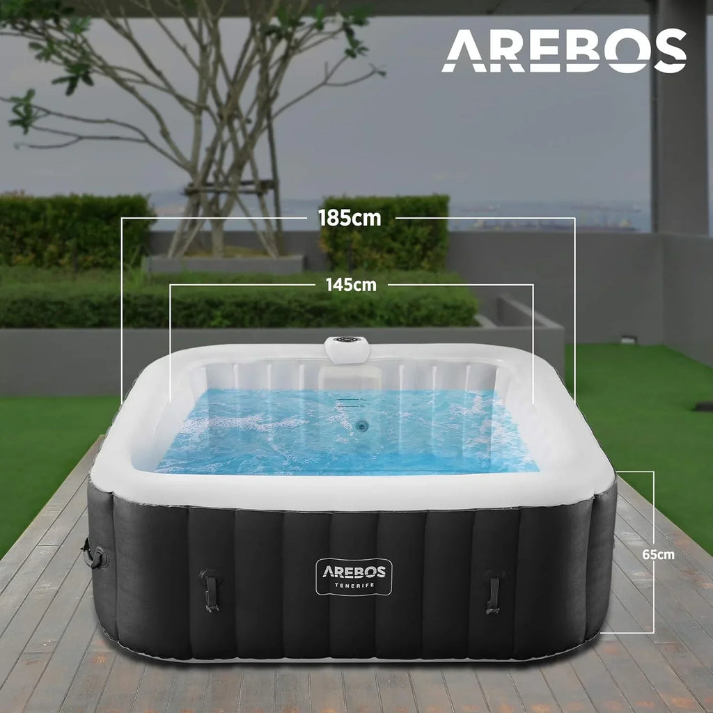 Dmuchane spa Arebos | Jacuzzi | 185 x 185 cm | dla 6 osób | świecąca taśma LED | 130 dysz masujących | 910 litrów | w zestawie pokrywa | masaż bąbelkowy i relaks