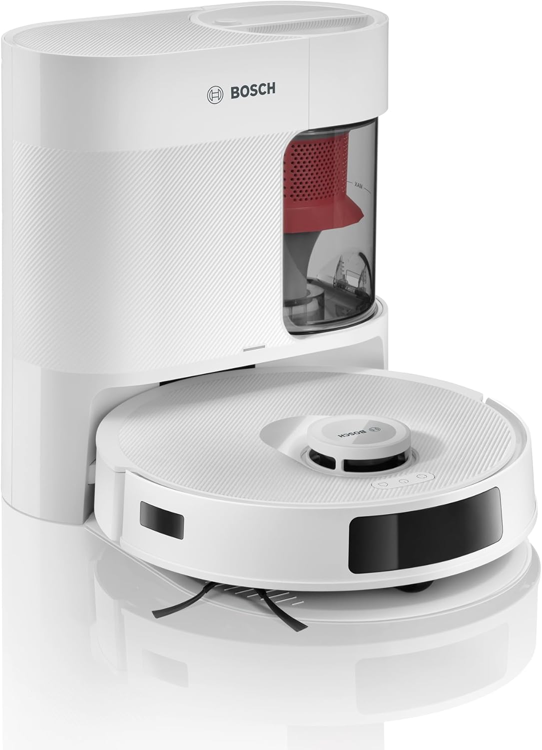 Bosch Spotless+ Robot sprzątający z funkcją mopowania, moc ssania 11 000 Pa, statyczna nakładka mopującą, stacja czyszczącą, nawigacją Smart Vision, aplikacja Bosch Home Connect, BCRD1W, biały