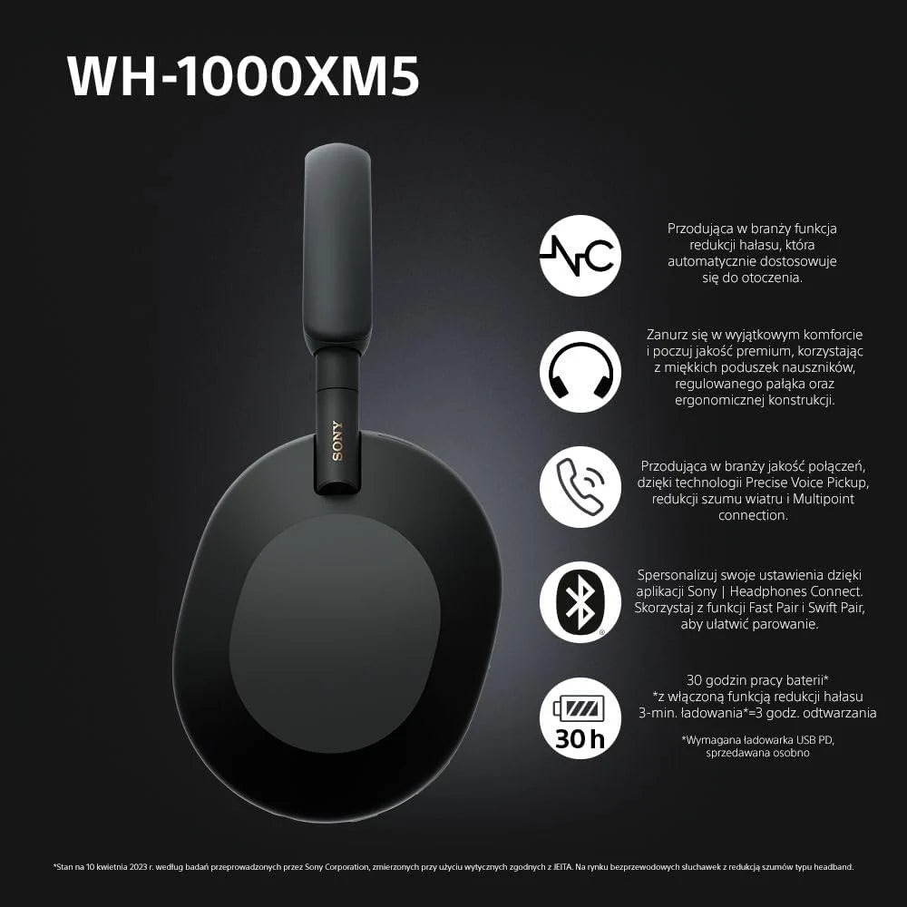 Sony WH-1000XM5 ANC Bezprzewodowe słuchawki nauszne z redukcją hałasu, Bluetooth, krystalicznie czystą jakością rozmów, Hi-Res, do 30 godzin pracy na baterii, szybkie ładowanie, Alexa i Asystent Google, iOS i Android - Czarne