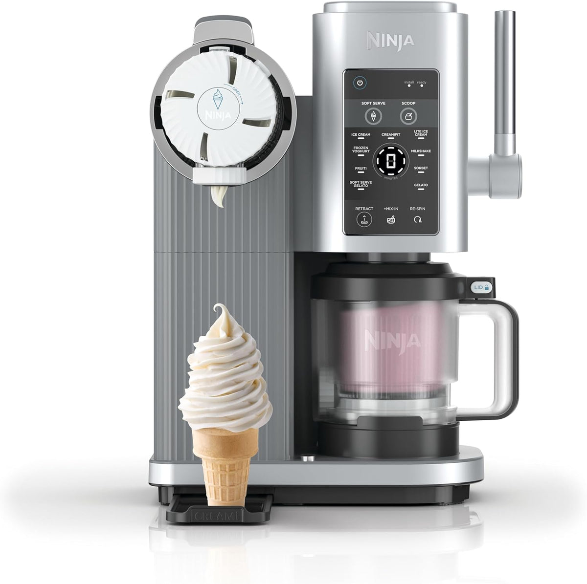 Ninja CREAMI Scoop & Swirl maszynka do lodów z 2 pojemnikami, 13 funkcji, przygotowuje lody, lody włoskie, gelato, sorbety, koktajle mleczne i inne desery, opcja dodatków, Srebrny, NC701EU