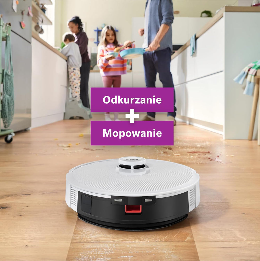 Bosch Spotless+ Robot sprzątający z funkcją mopowania, moc ssania 11 000 Pa, statyczna nakładka mopującą, stacja czyszczącą, nawigacją Smart Vision, aplikacja Bosch Home Connect, BCRD1W, biały