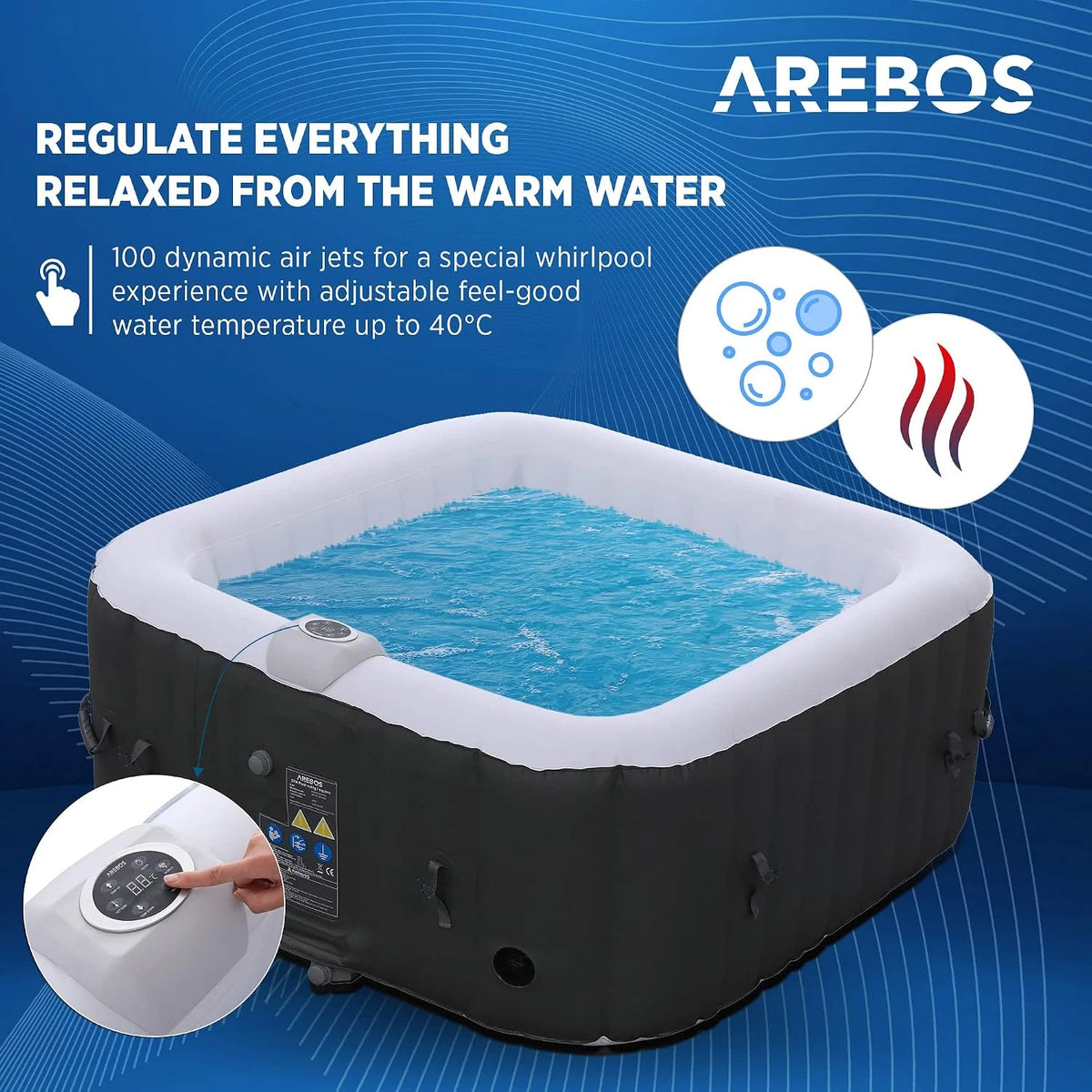 Arebos Pompowane | Whirlpool Pure | | 4-osobowe | 130 dysz masujących | Spa Dobroczynne Ogrzewanie | 550 litrów | z pokrywą | Bubble Spa i masaż relaksacyjny