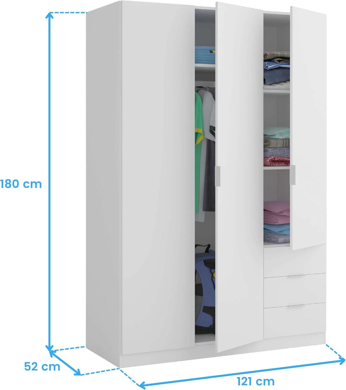 Szafa Habitdesign z trzema drzwiami i trzema szufladami, wykończenie białe arktyczne, wymiary: 121 cm (szer.) x 180 cm (wys.) x 52 cm (gł.)