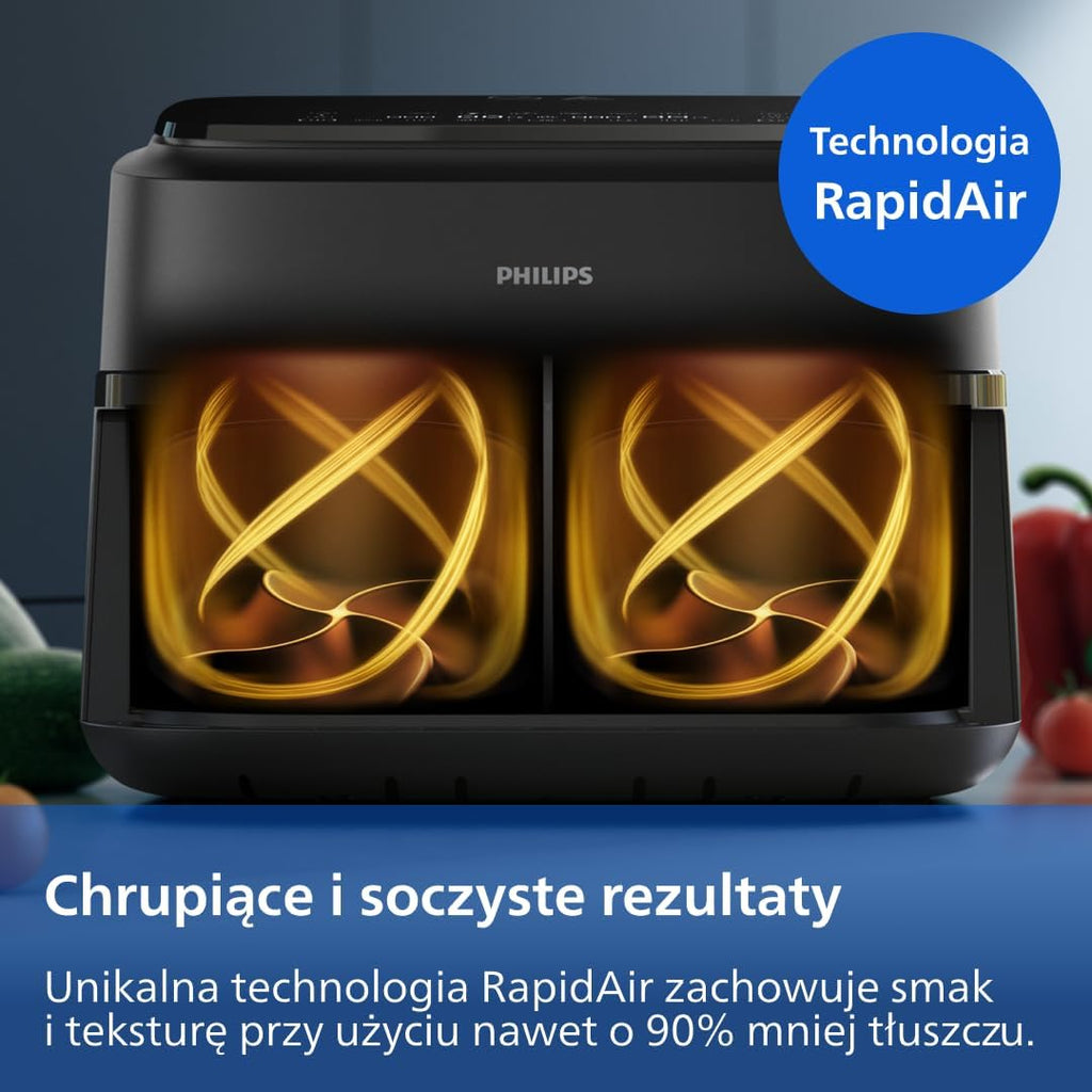 Philips Ovi Dual Basket z parą - Wyjątkowe funkcje gotowania Steamfry, Gotowania na parze, Airfry - 19 sposobów gotowania; pojemność 9L (3L + 6L), RapidAir Plus, automatyczne SteamClean (NA550/00)