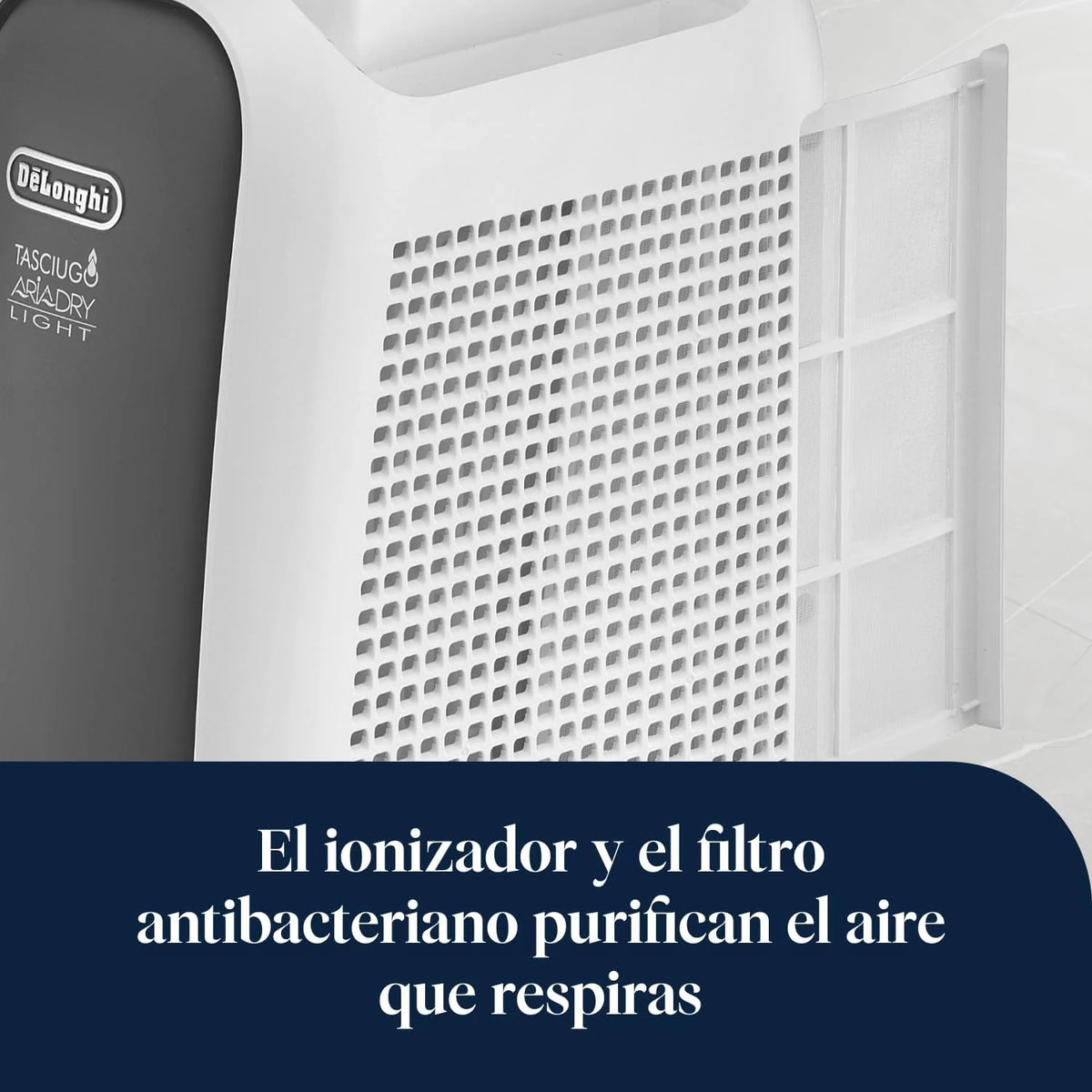 De'Longhi Tasciugo AriaDry Light - Przenośny osuszacz powietrza z technologią Zeolite i jonizatorem, usuwa do 6 l/dzień, suszy ubrania, zapobiega pleśni, cichy, funkcja swing i timer, szary (DNS65)