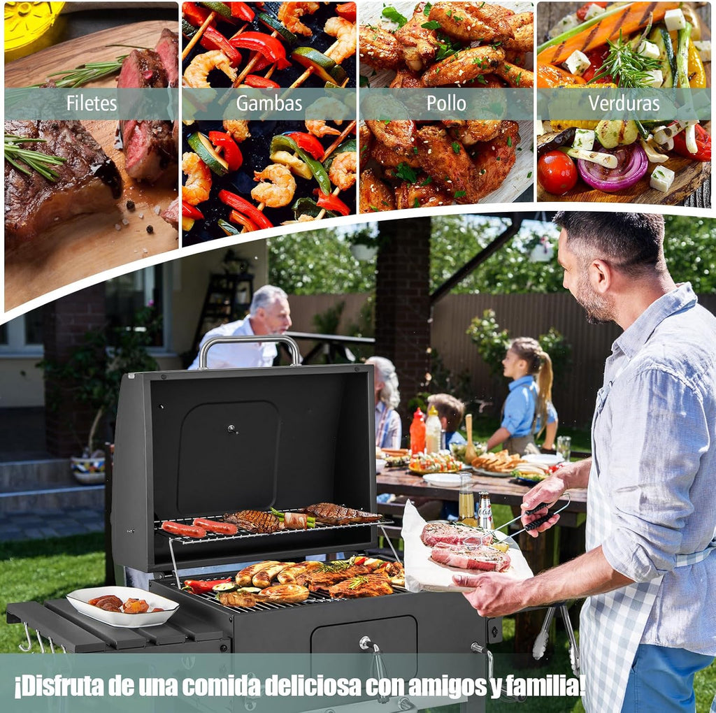 COSTWAY Grill Węglowy XXL, Przenośny Grill Ogrodowy 128 x 54 x 117 cm, z Pokrywą, Termometrem, 2 Składanymi Stolikami Bocznymi, 8 Haczykami, 2 Kółkami i Otwieraczem do Butelek