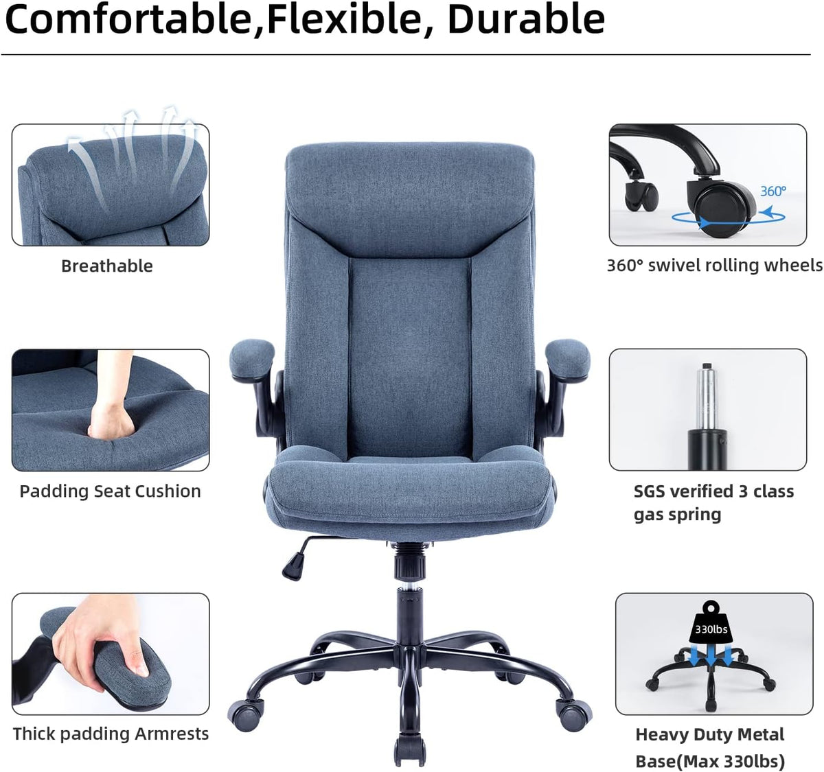 Ergonomiczne krzesło biurowe, krzesło do komputera, obrotowe krzesło robocze ze składanym podłokietnikami, regulacja wysokości, wygodne, do biura, domu, gier (szary materiał) (Czarny)