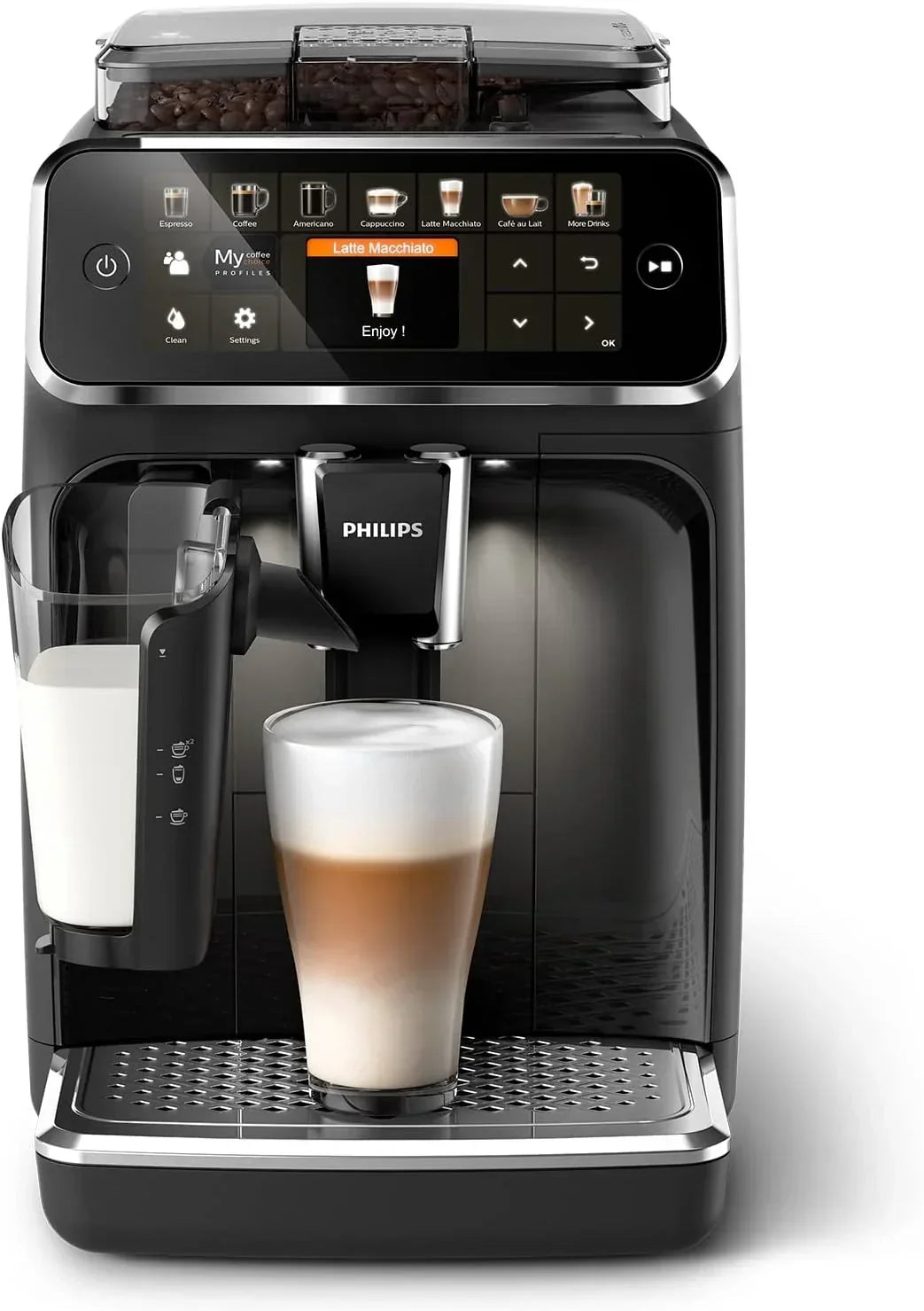 Ekspres automatyczny Philips seria 5400 - system spieniania mleka LatteGo, 12 rodzajów kawy, intuicyjny wyświetlacz, 4 profile użytkowników, chromowany (EP5447/90)