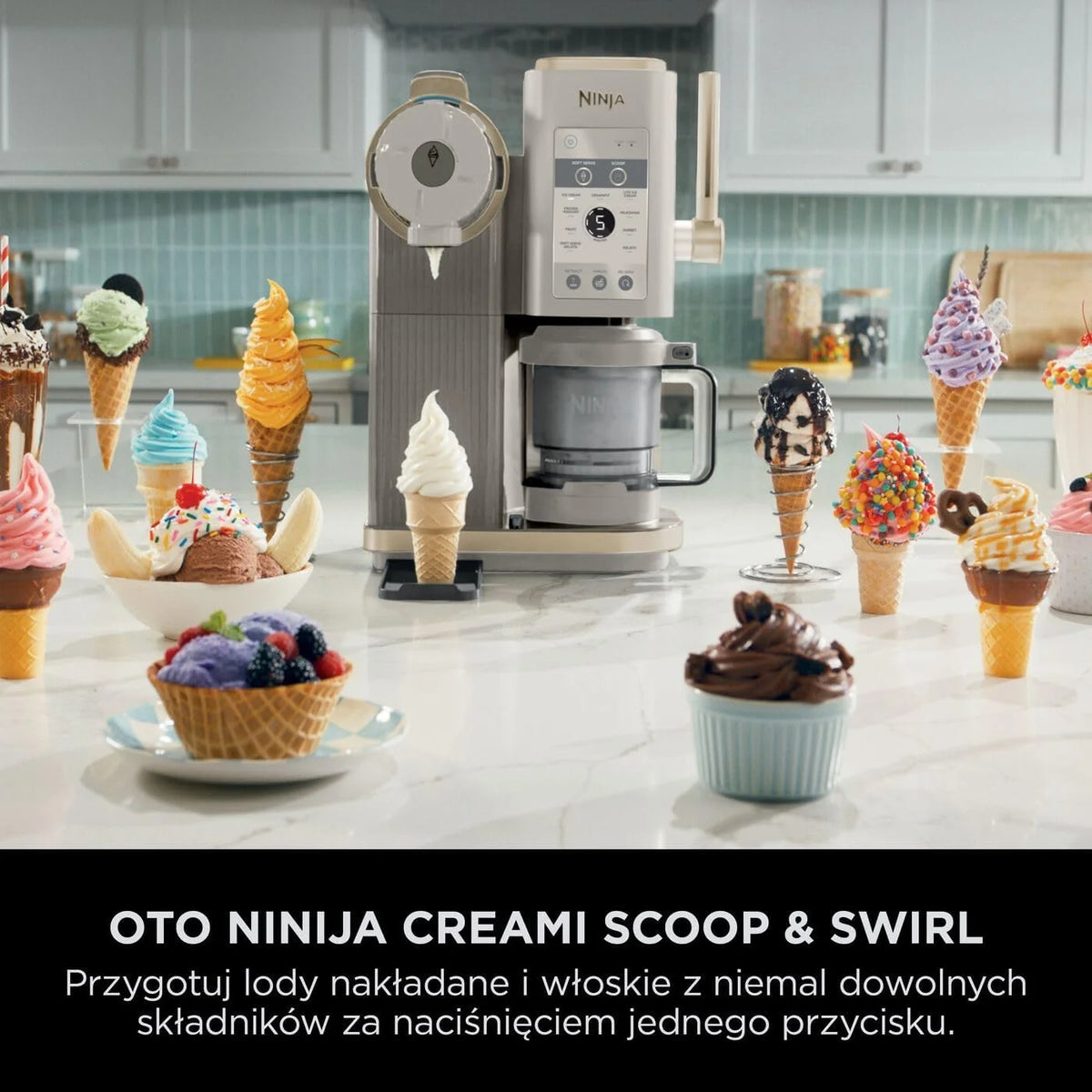 Ninja CREAMi Scoop and Swirl Maszyna do lodów z 2 pojemnikami, 13 funkcji, przygotowuje lody, lody włoskie, gelato, koktajle mleczne i inne desery, opcja dodatków, kamienne złoto, NC701EUSTGD