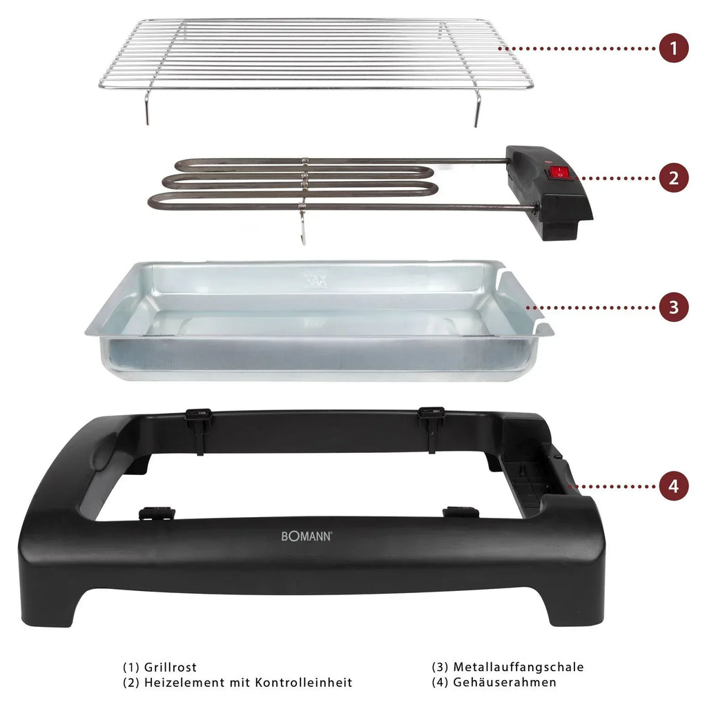 Bomann BQ 1240 - Grill Elektryczny Z Chromowanym Rusztem 35,5 X 24,5 Cm, 2000 W, Kolor Czarny